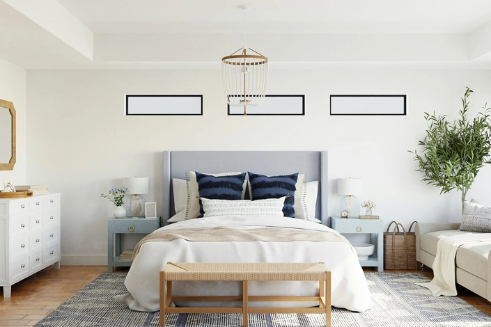 Premium bed linens arranged in Airbnb style bedrooms prepared and ready for delivery to Jersey Shore