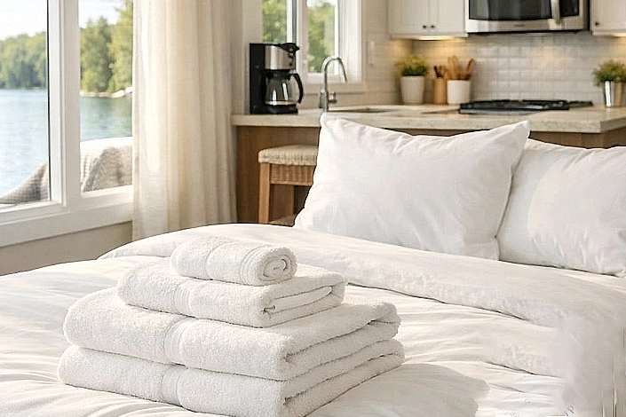 Airbnb kitchen laundry setup with fresh, clean linens and towels for a convenient and comfortable guest stay