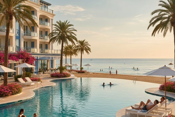 Vacationers relaxing by an oceanfront resort pool with palm trees and a calm beach beyond in Jersey Shore NJ