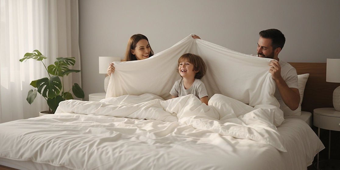 Premium hotel-quality pillows and duvet set styled on a bed for a Jersey Shore linen rental